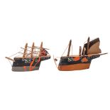 *John Maltby [1936-2020] two mixed media wooden half block models of boats one captioned Hero and