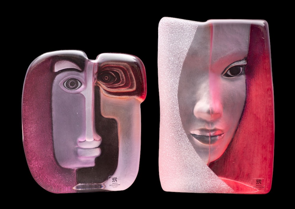 Mats Jonasson two limited edition glass sculptures, Masq Mazzai and Masq Ideo,