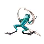 Tim Cotterill (Frogman), an enamelled bronze model of a frog climbing through a heart shaped loop,