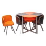 A glass, metal and faux leather dining suite,