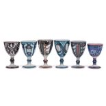 Aldermaston Pottery a group of six terracotta goblets each with brushwork decoration,