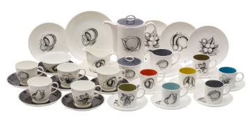 A Susie Cooper 'Black Fruits' part tea and coffee service comprising five cups, seven saucers,