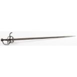 A basket hilt sword, the straight double edged blade with central fuller,