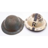 A WWII Mk I steel 'Rescue' helmet white with black stripe and 'R' ,