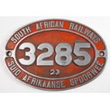 A South African Railways bi-lingual locomotive cabside plate 'SAR/SAS 3285 23': cast aluminium, 52.