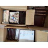 Stamp accessories in three boxes, including thirty-eight Royal Mail FDC Presentation pack albums,