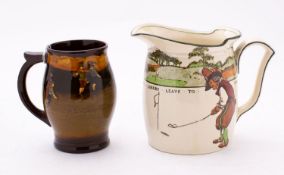 A Royal Doulton Kingsware Golfing jug after Chas Crombie: decorated with a man in green waistcoat