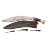 A horn and whitemetal mounted kukri, the blade of traditional form with scroll shaped back edge,