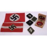 A pair of German RAD cufflinks and badge, together with two NSDAP arm bands,
