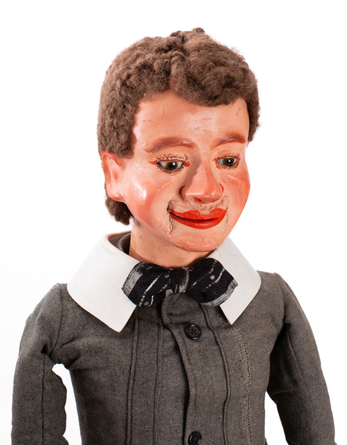 A late 19th/early 20th century ventriloquial 'dummy' figure of a young boy: the painted mache head - Image 2 of 6