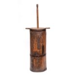 A 19th Century iron bound cylindrical butter churn with twin-handled cover and plunger,