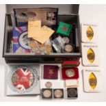 A collection of coins including a 1903 halfcrown, Mayflower Medallion, Edward VIII medallion,