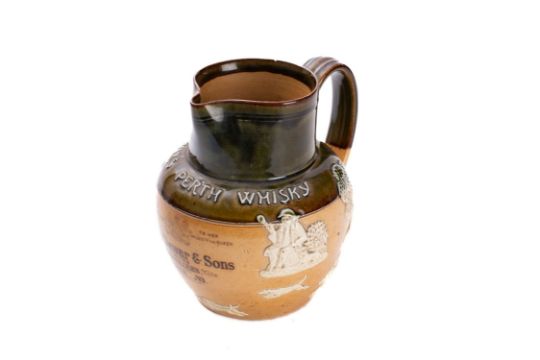 A Doulton stoneware harvest advertising jug for Dewar's Perth Whisky' with sprigged decorations