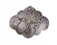 A late 19th/early 20th century Middle Eastern silver niello work waist belt clasp,
