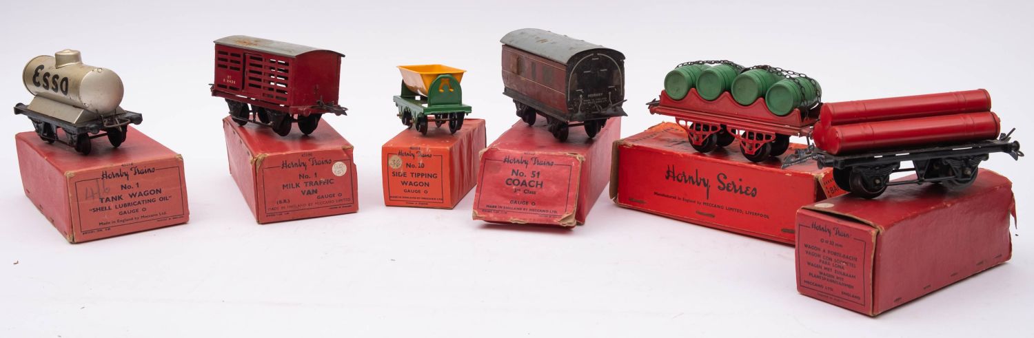 A Hornby O gauge boxed group of rolling stock, comprising No.1 Milk Traffic Van, No.