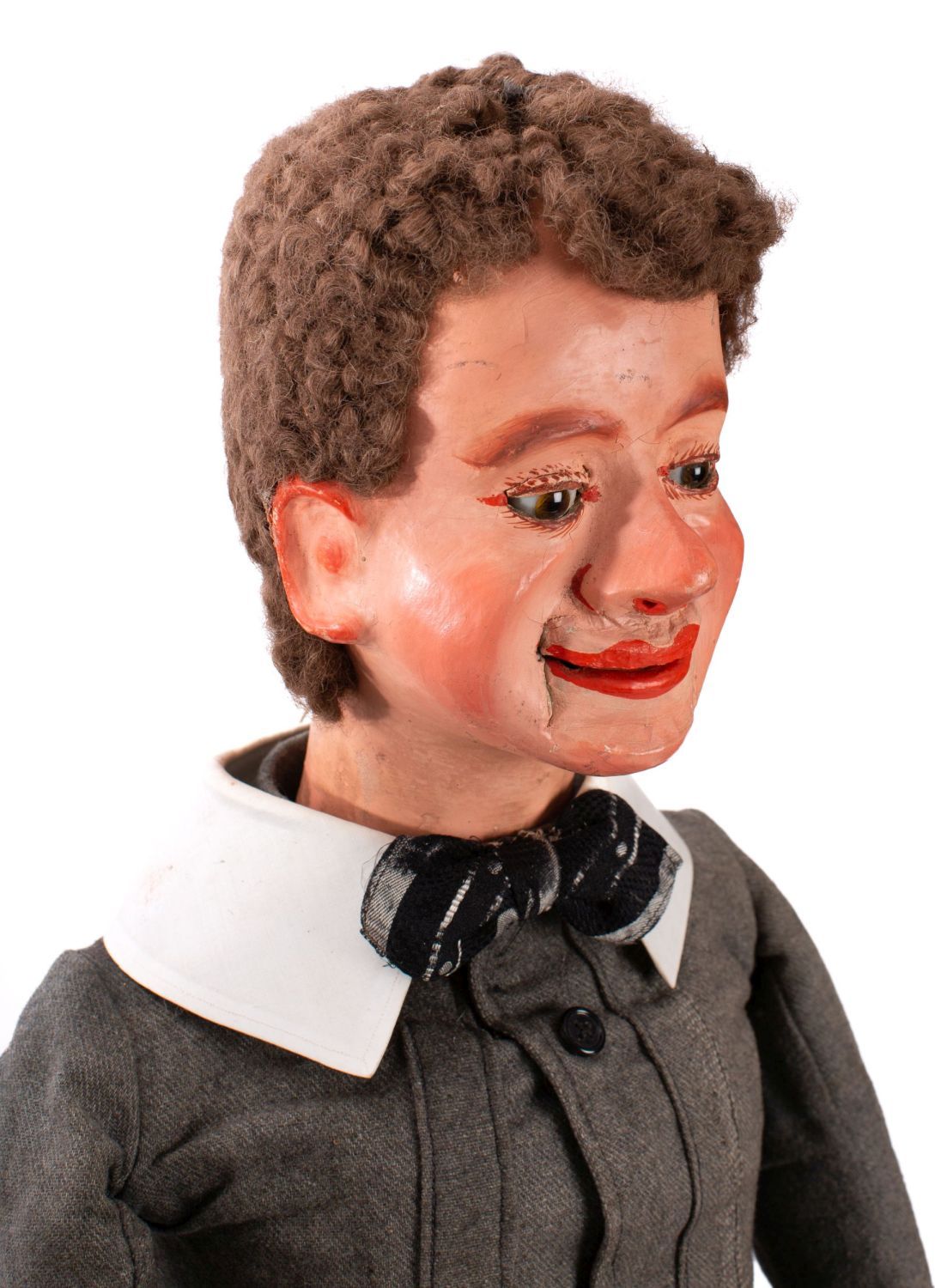 A late 19th/early 20th century ventriloquial 'dummy' figure of a young boy: the painted mache head - Image 3 of 6