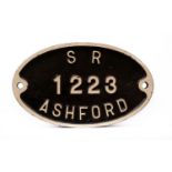 A Southern Railway cast iron oval wagon plate 'SR 1223 Ashford'.