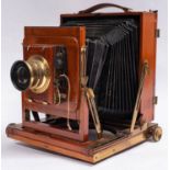 A Thornton Packard 'Triple Imperial' mahogany and brass three quarter plate camera,