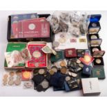 A quantity of coins and notes including coin sets, 1951 crowns, 1953 crowns,