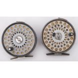 Two Hardy 'Princess' 3 inch fly reels; single ebonised handle, knurled tension screw to rim,