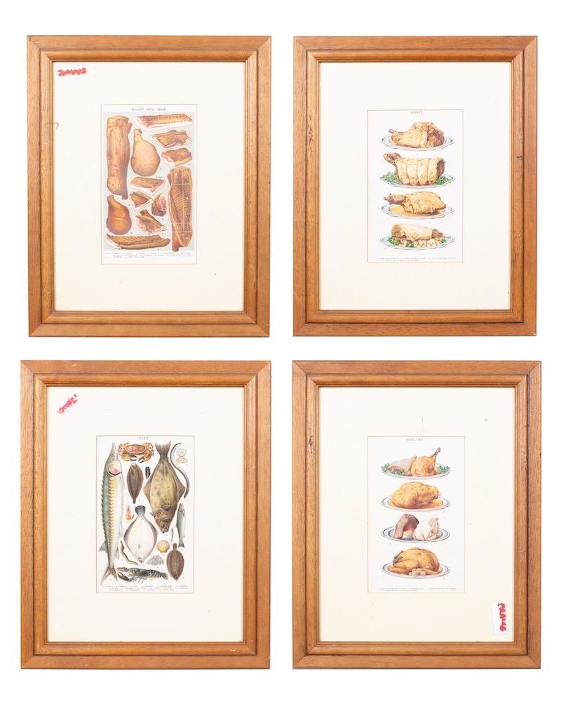 A set of four coloured prints, entitled 'Poultry', 'Bacon and Ham', 'Fish' and 'Joints',