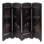 A Japanese carved, black lacquered and mother-of-pearl inset four fold screen,