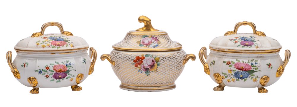 A pair of Derby sauce tureens and covers and a Coalport sauce tureen and cover the pair with gilt