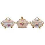 A pair of Derby sauce tureens and covers and a Coalport sauce tureen and cover the pair with gilt
