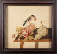A felt and woolwork picture of a bird stealing strawberries,