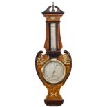 A substantial rosewood and marquetry inlaid aneroid barometer: the round silvered dial engraved
