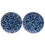 Two Chinese blue and white saucer dishes, Kangxi painted with scrolling lotus designs,