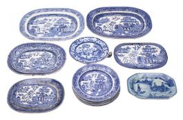 A group of blue and white transfer pottery wares,