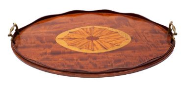 A George III mahogany, satinwood inlaid and brass mounted tray, late 18th century,
