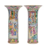 A pair of Canton sleeve vases of slender cylindrical form with flared rims, Qing Dynasty,