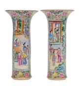 A pair of Canton sleeve vases of slender cylindrical form with flared rims, Qing Dynasty,