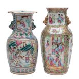 A Canton baluster vase and one similar with pleated rim,