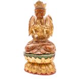 A Chinese gilt and polychrome decorated carved wood figure of a Bodhisattva with multi-arms,