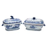 Two Chinese blue and white octagonal tureens and covers with foliate finials and animal mask head
