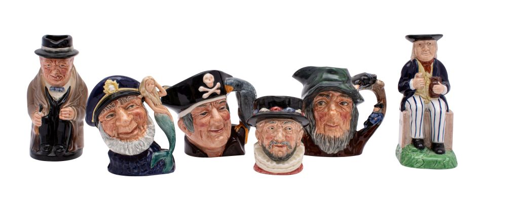 A group of five Royal Doulton character jugs, comprising Winston Churchill, Rip van Winkle,