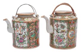Two Canton cylindrical teapots with recessed flattened covers and metal handles, Qing Dynasty,