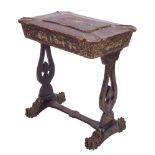 A Chinese export black lacquered and parcel gilt papier mache sewing table,