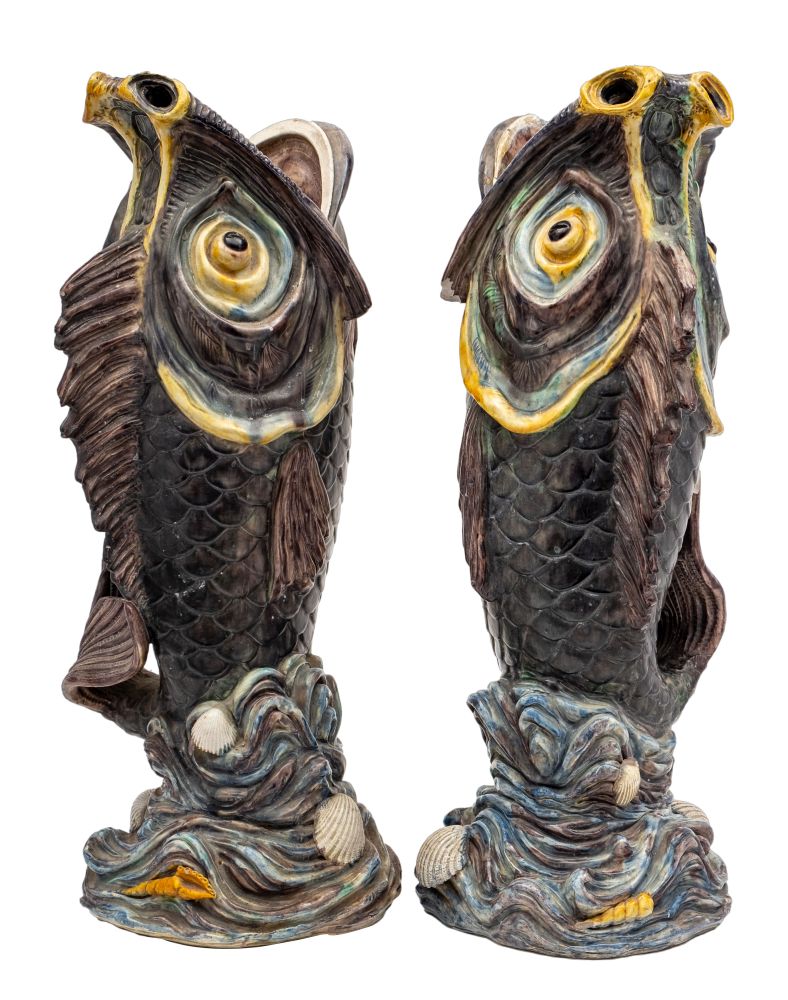 A rare pair of large French Palissy-style majolica fish vases, probably Thomas Sergent, - Image 2 of 3