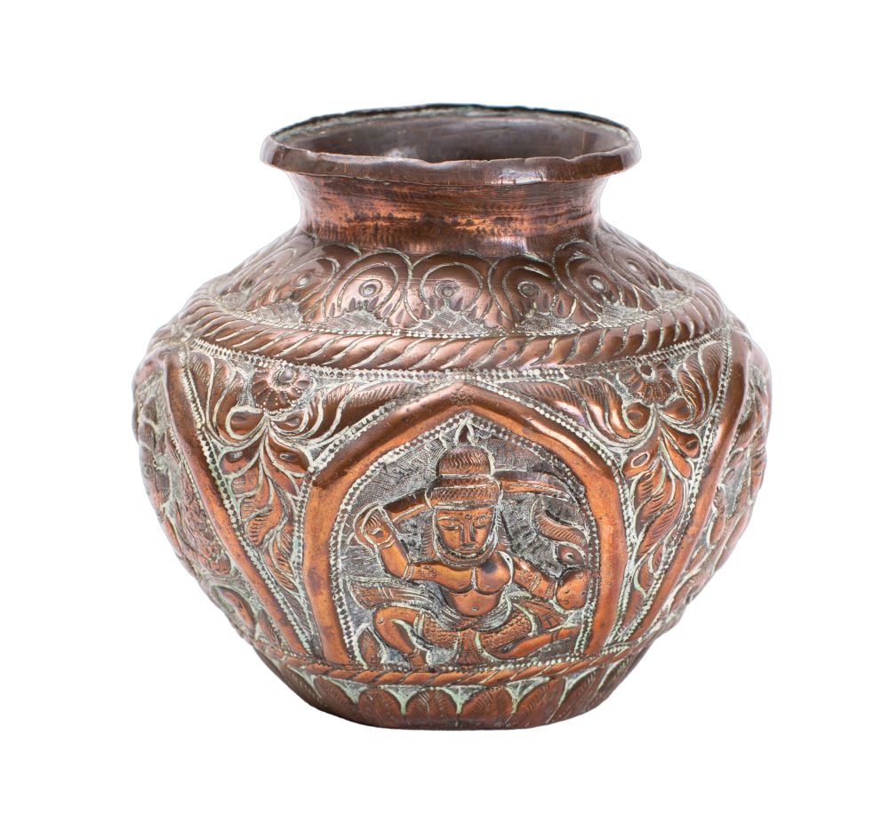 A Burmese copper vase repousse decorated with arched panels of dieties and other figures on a