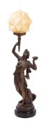 A French patinated spelter figural table lamp representing Hebe and the eagle, circa 1900,