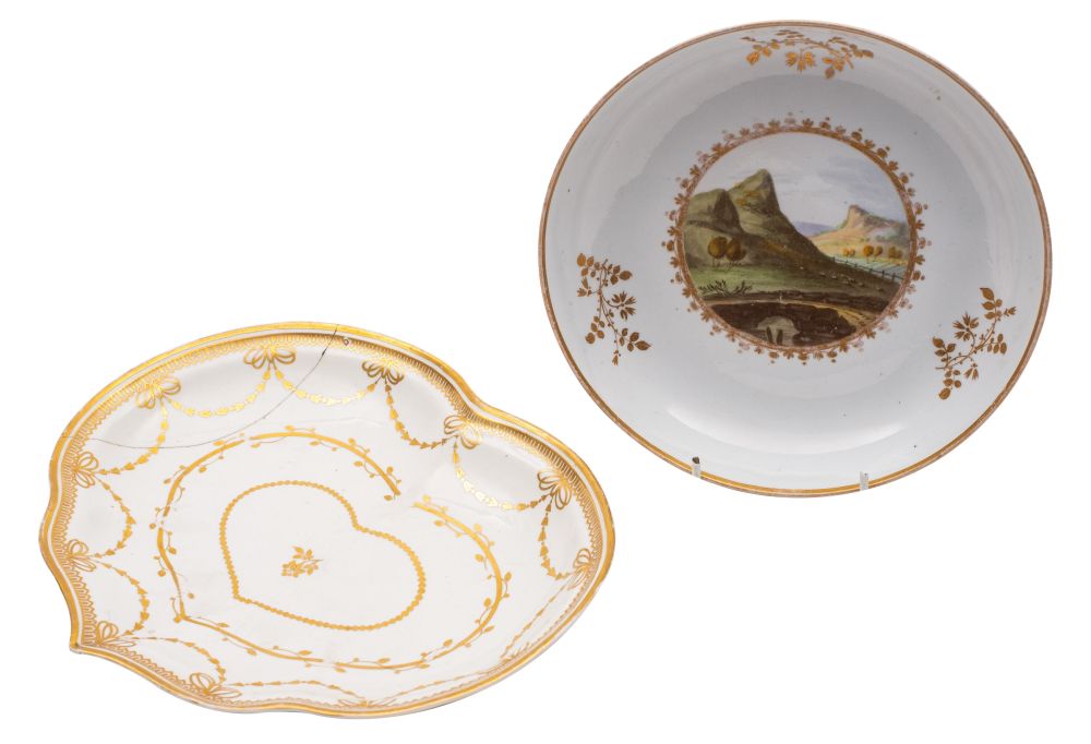 An early Minton topographical saucer dish and a Derby heart-shaped dessert dish the first painted