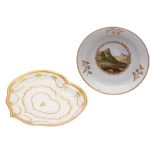 An early Minton topographical saucer dish and a Derby heart-shaped dessert dish the first painted