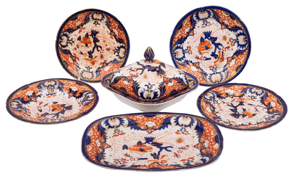 A 19th century English 'Imari' pattern porcelain part dinner service circa 1830-50,