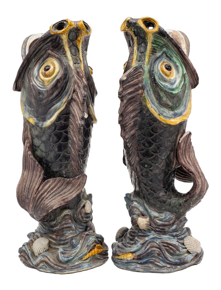 A rare pair of large French Palissy-style majolica fish vases, probably Thomas Sergent,