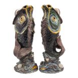A rare pair of large French Palissy-style majolica fish vases, probably Thomas Sergent,