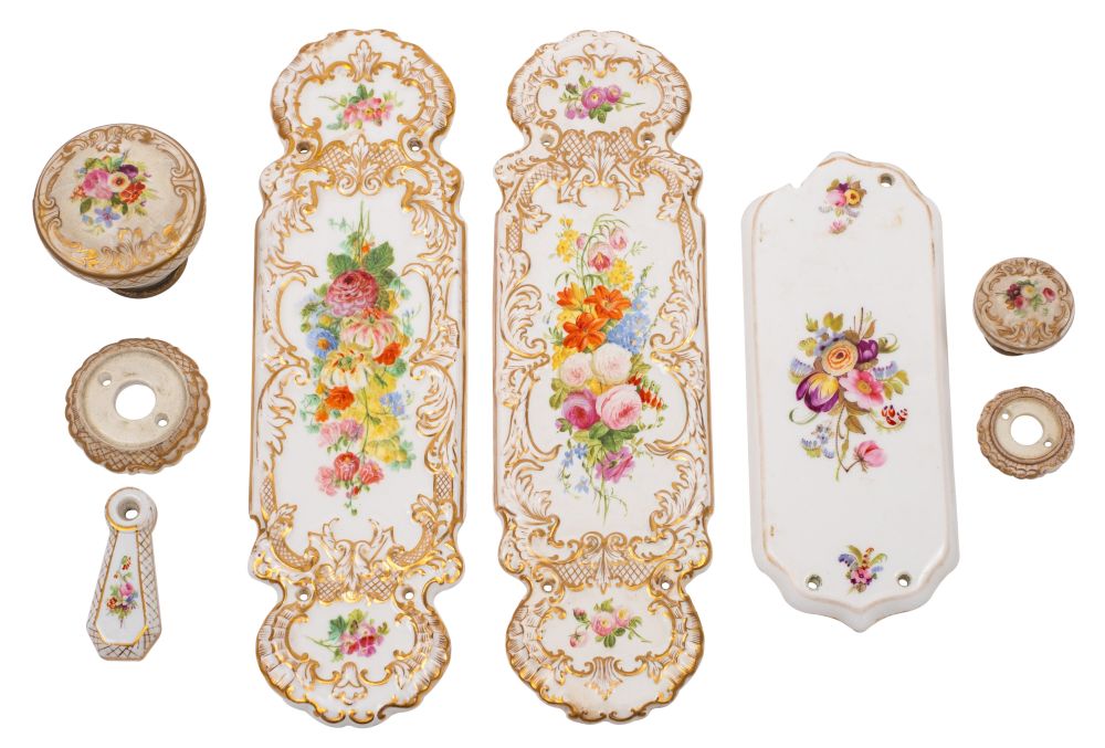 A group of 19th century Copeland and Copeland & Garrett porcelain door furniture painted with